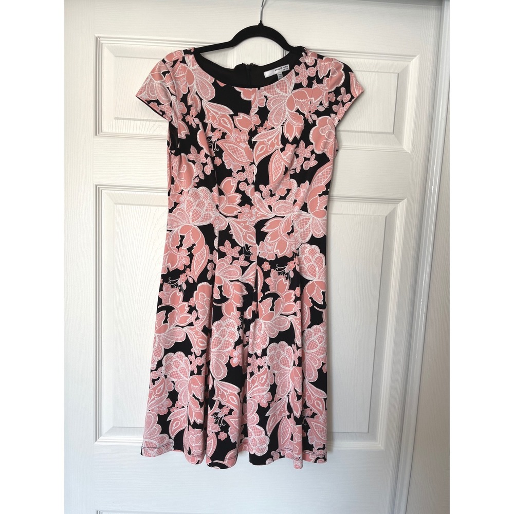 Studio One Black Coral Floral‎ Cap Sleeve Knee Length Dress Size PS